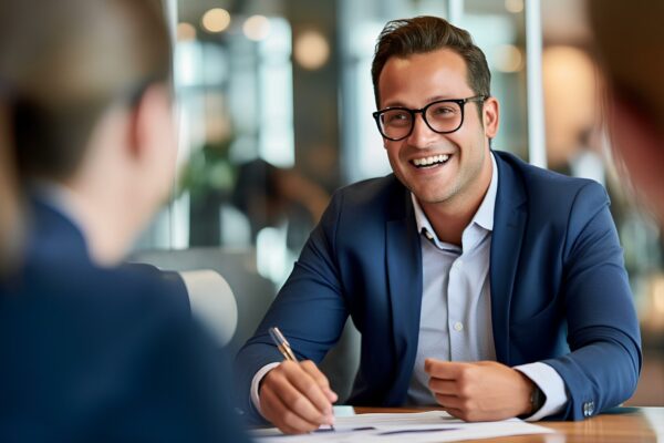 A confident financial advisor providing expert guidance with a reassuring smile, helping clients secure their financial future. generative AI