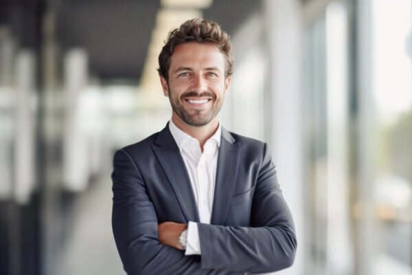 portrait of successful senior businessman consultant looking at camera and smiling inside modern office building