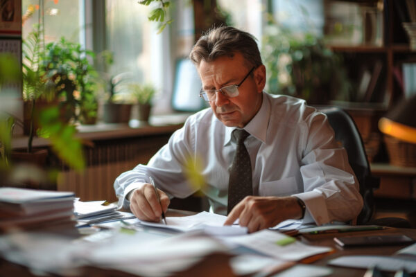 A professional tax consultant works diligently among piles of documents, calculating and analyzing financial data in a well-organized chaos